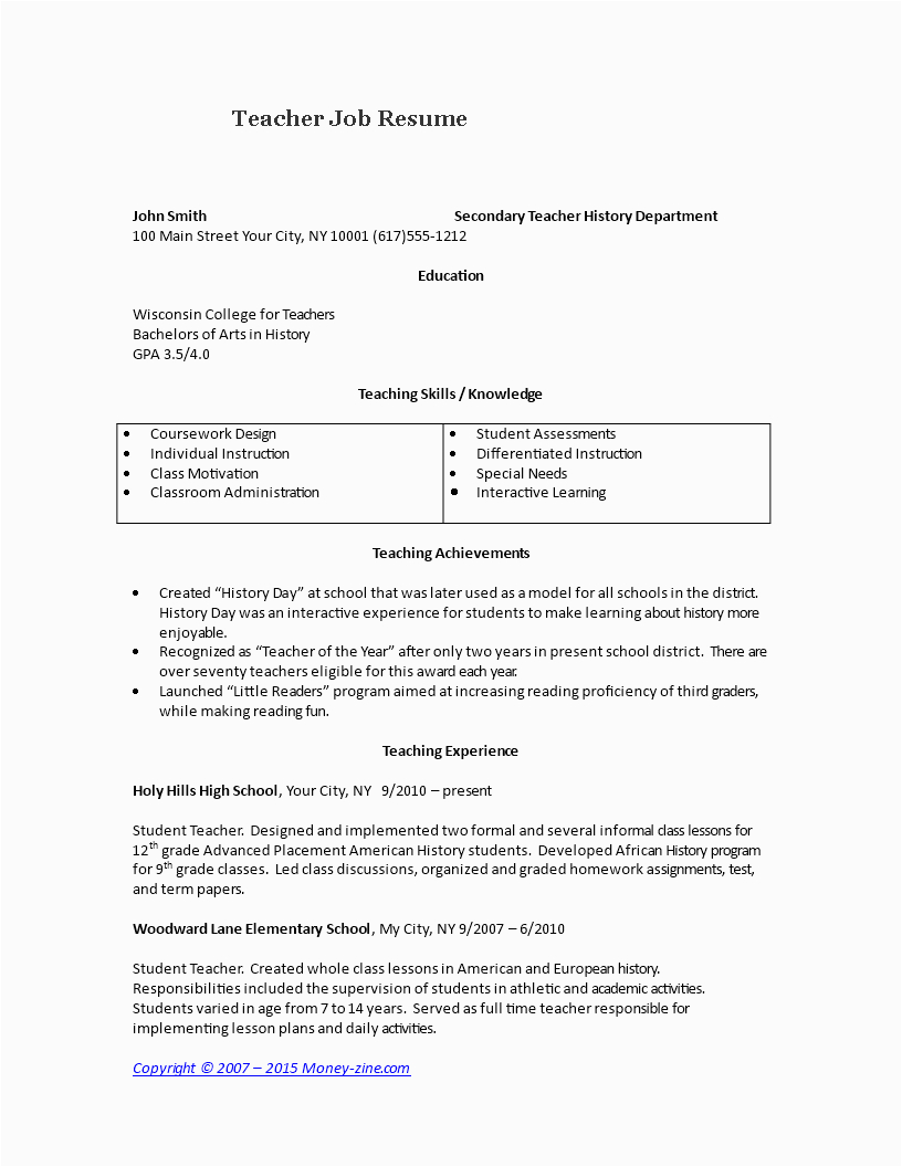 A Sample Resume for Teaching Job Teacher Job Resume