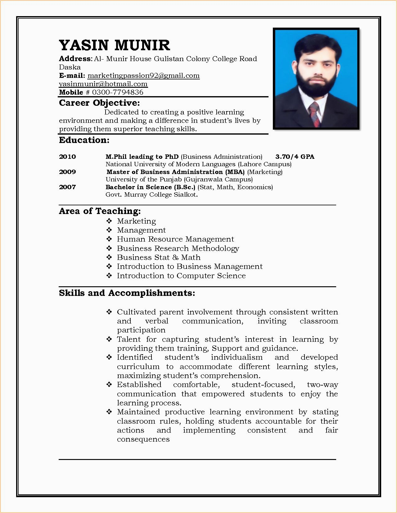 A Sample Resume for Teaching Job U S Resume format Professional