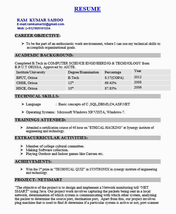Be Computer Science Fresher Resume Sample Free 40 Fresher Resume Examples In Psd