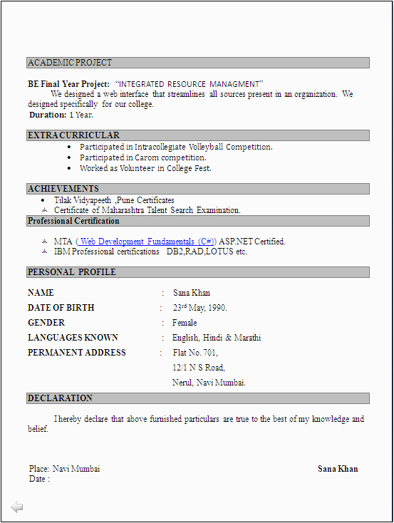 Be Computer Science Fresher Resume Sample Puter Science Fresher Resume format Resume formats