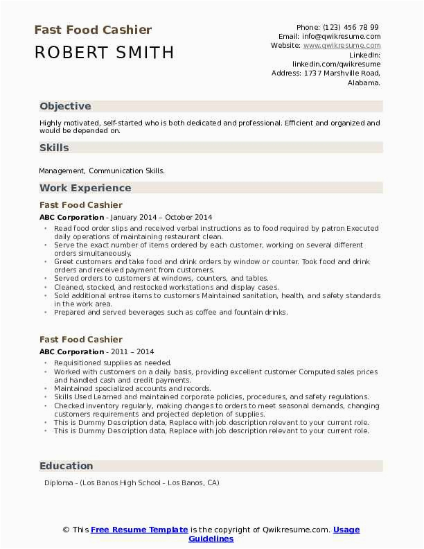 Fast Food Restaurant Cashier Resume Sample Fast Food Cashier Resume Samples