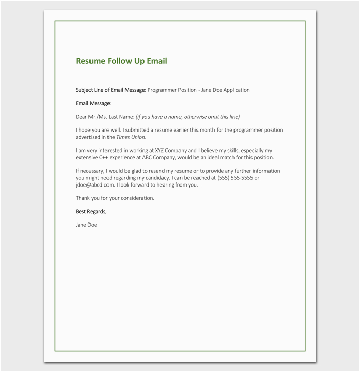 Follow Up Email after Resume Sample Follow Up Letter Template 10 formats Samples & Examples