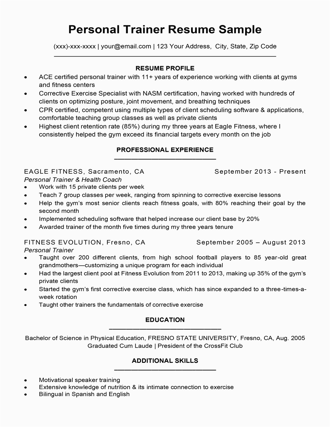 Personal Trainer Resume No Experience Sample Group Fitness Instructor Resume with No Experience All