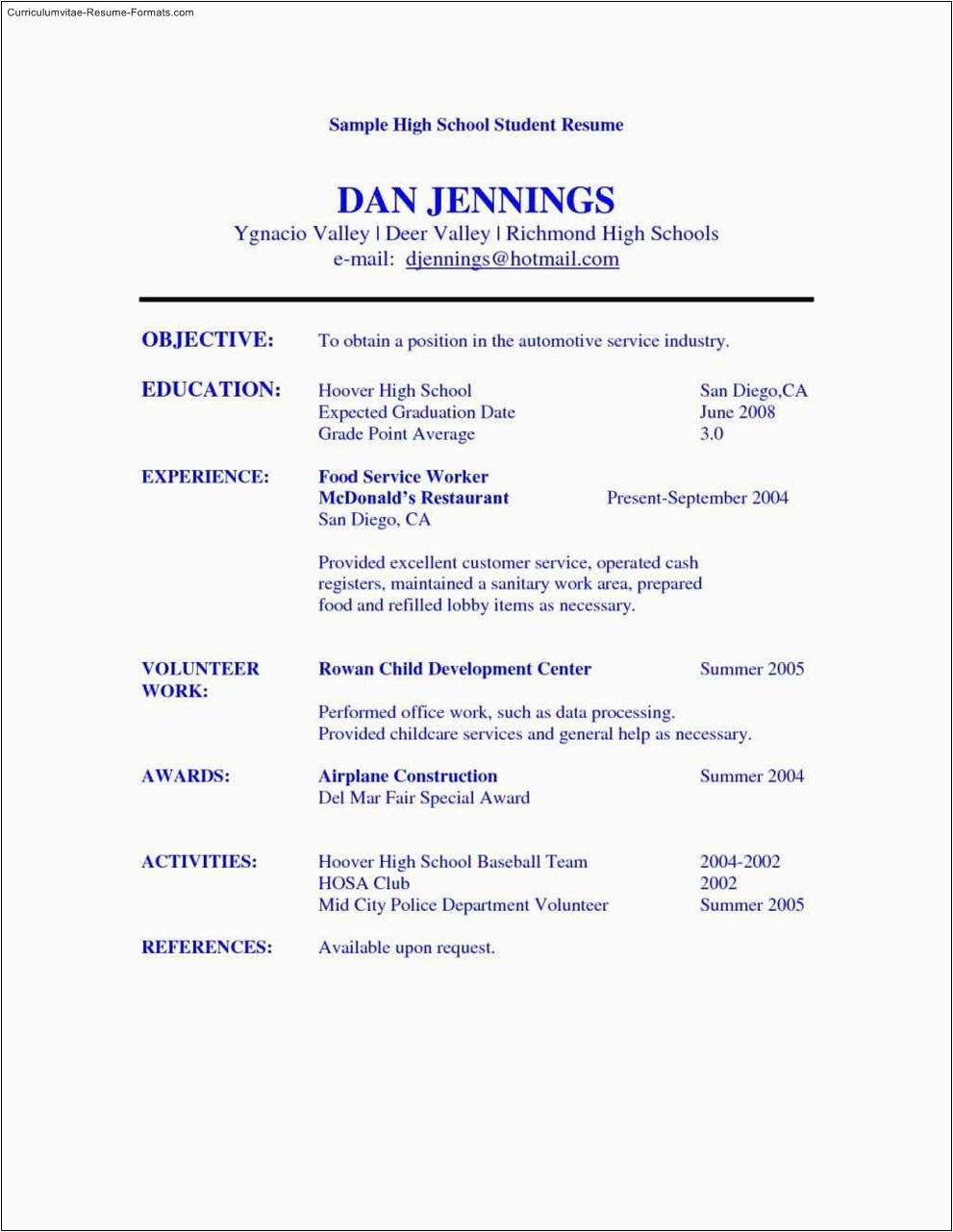 Printable Sample Resume for High School Student Highschool Student Resume Template