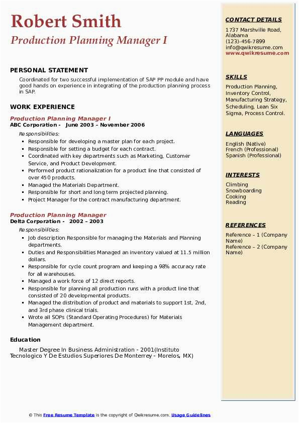 Production Planning and Control Manager Resume Sample Pdf Production Planning Manager Resume Samples