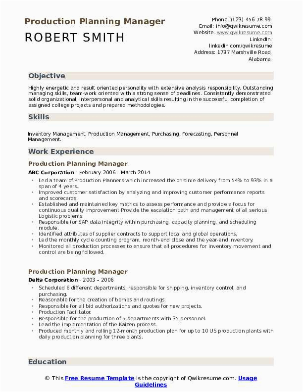 Production Planning and Control Manager Resume Sample Pdf Production Planning Manager Resume Samples