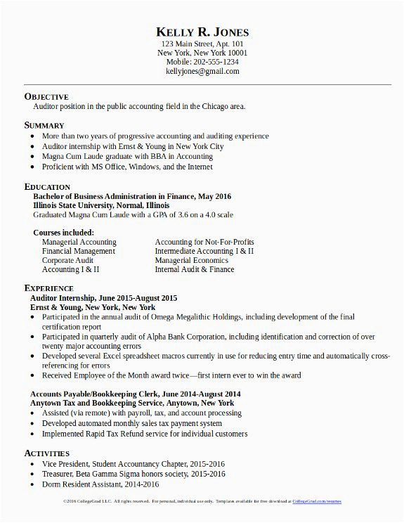 Sample Resume for Accounting Graduate without Experience College Student Accounting Sample Resume for Fresh