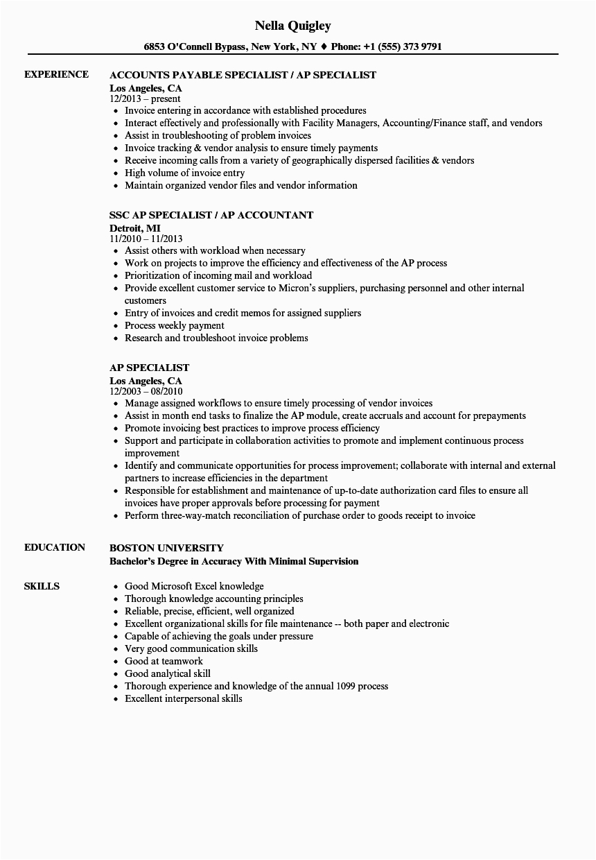 Sample Resume for Accounts Payable Analyst Accounts Payable Specialist Resume