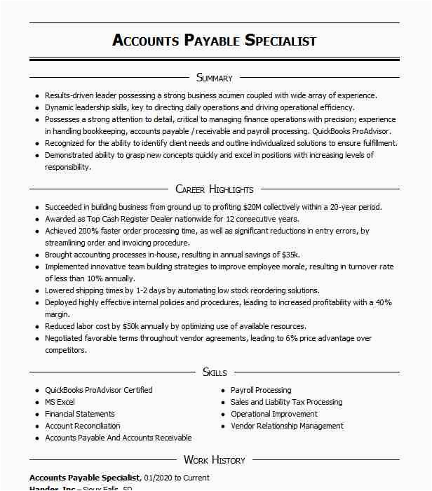 Sample Resume for Accounts Payable Specialist Accounts Payable Specialist Resume Example Usnr Longview