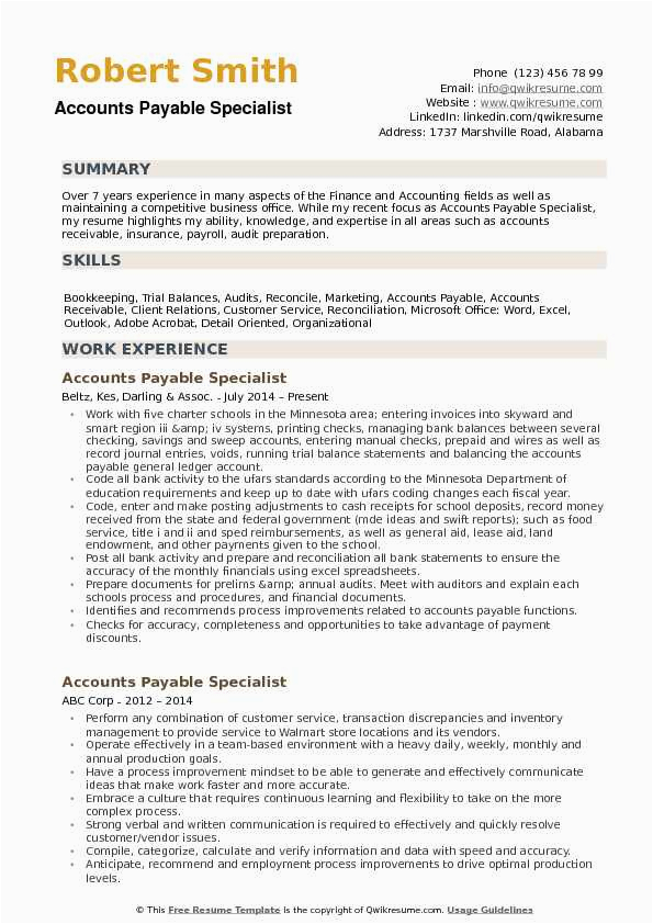 Sample Resume for Accounts Payable Specialist Accounts Payable Specialist Resume Samples