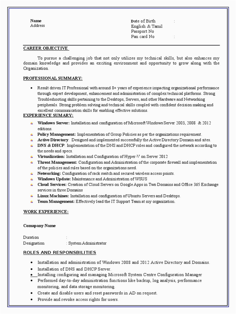 Sample Resume for Active Directory Administrator System Admin Resume format