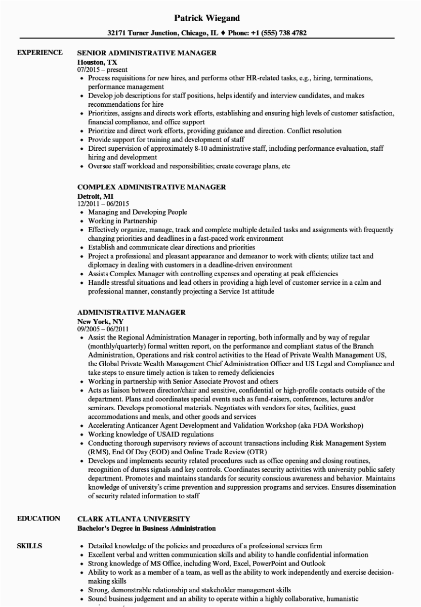 Sample Resume for Administration Manager In India Administrative Manager Resume Sample