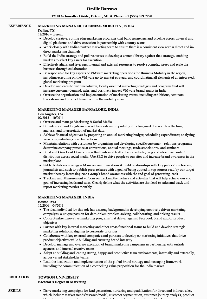 Sample Resume for Administration Manager In India Sample Resume Marketing Manager India Marketing Manager