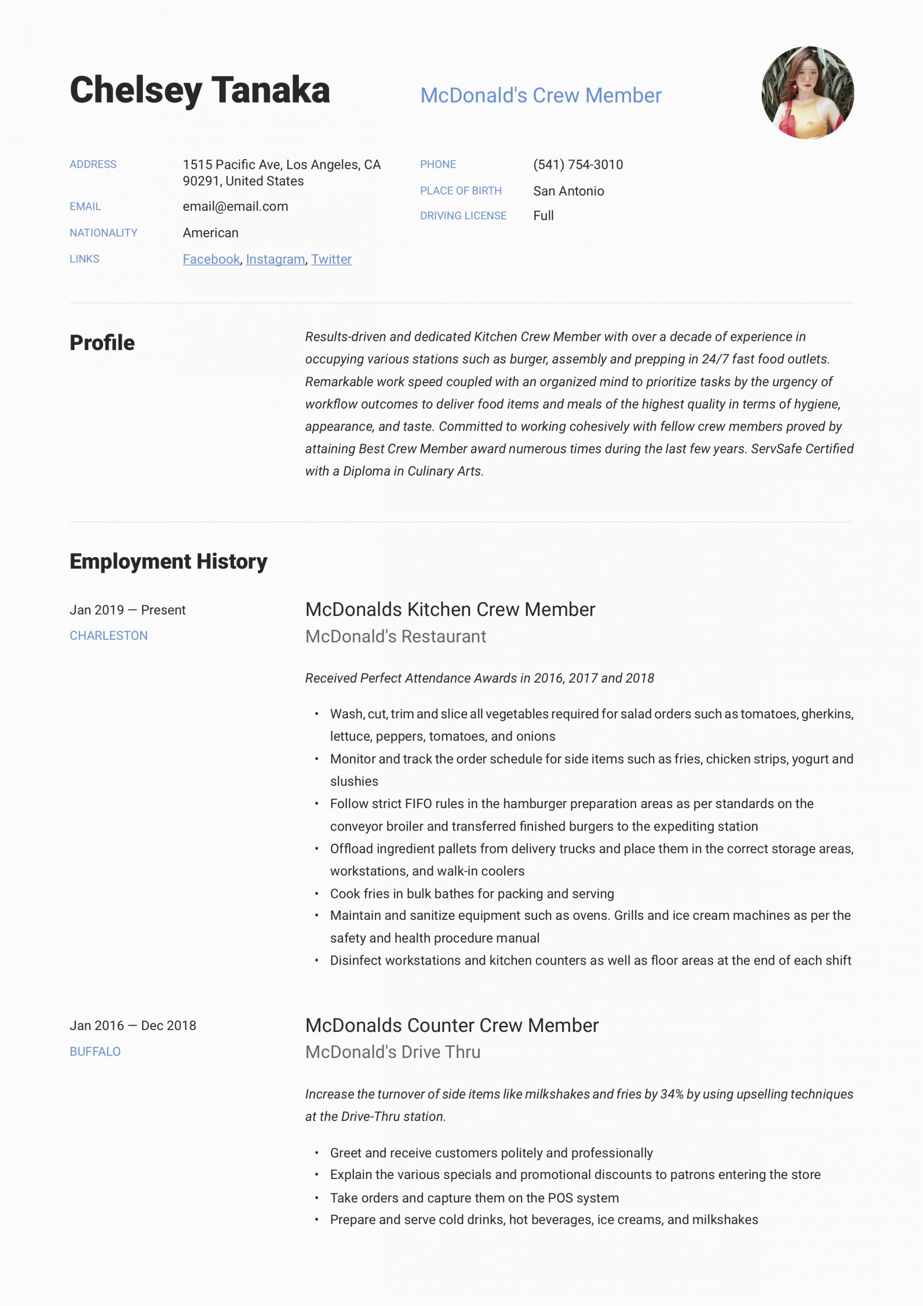 Sample Resume for Crew Member at Mcdonalds Mcdonalds Crew Member Resume & Writing Guide