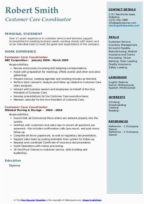 Sample Resume for Customer Service Coordinator Customer Care Coordinator Resume Samples