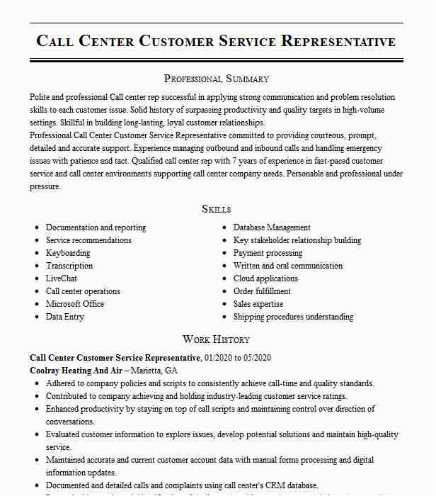 Sample Resume for Customer Service Representative Call Center Call Center Customer Service Representative Resume Example