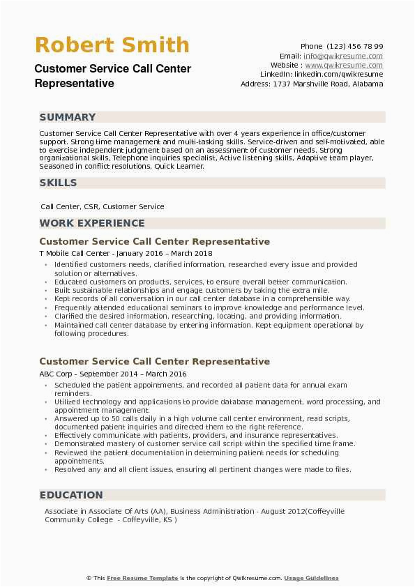 Sample Resume for Customer Service Representative Call Center Customer Service Call Center Representative Resume Samples