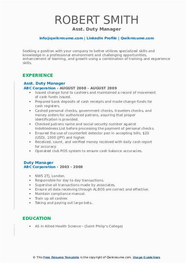 Sample Resume for Duty Manager Position Duty Manager Resume Samples