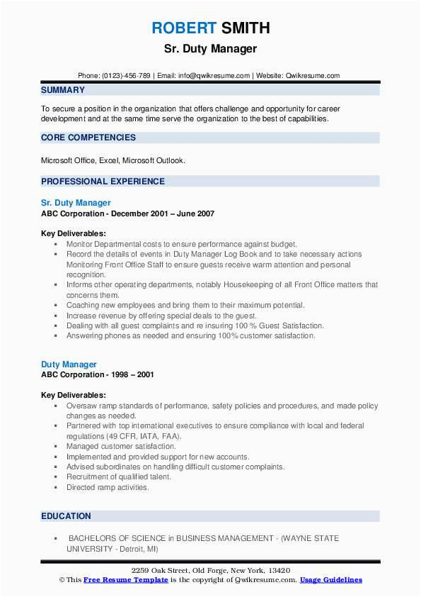 Sample Resume for Duty Manager Position Duty Manager Resume Samples