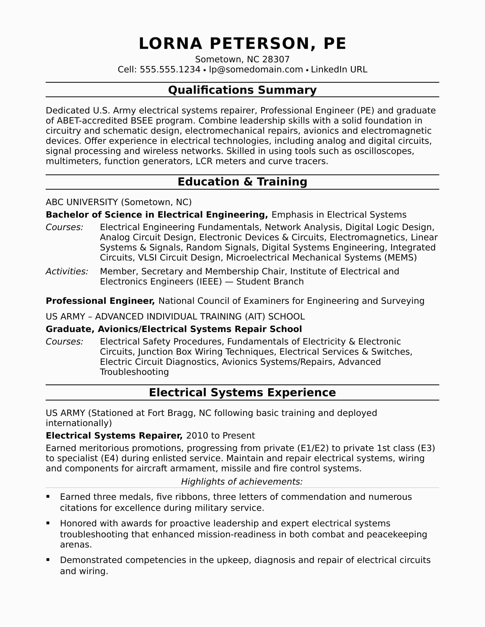 Sample Resume for Electrical Engineering Student Sample Resume for A Midlevel Electrical Engineer