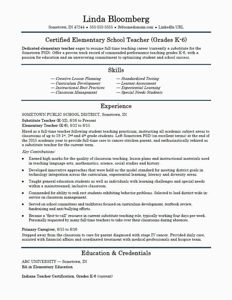 Sample Resume for Elementary Education Teacher Elementary School Teacher Resume Template