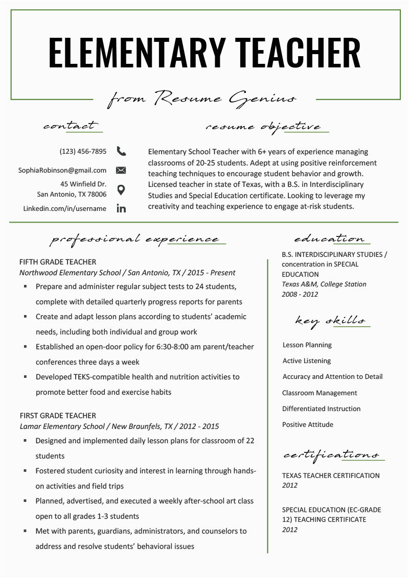 Sample Resume for Elementary Education Teacher Elementary Teacher Resume Samples & Writing Guide