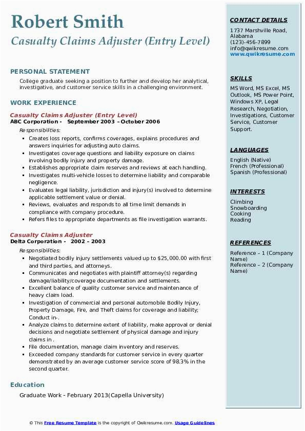 Sample Resume for Entry Level Claims Adjuster Casualty Claims Adjuster Resume Samples