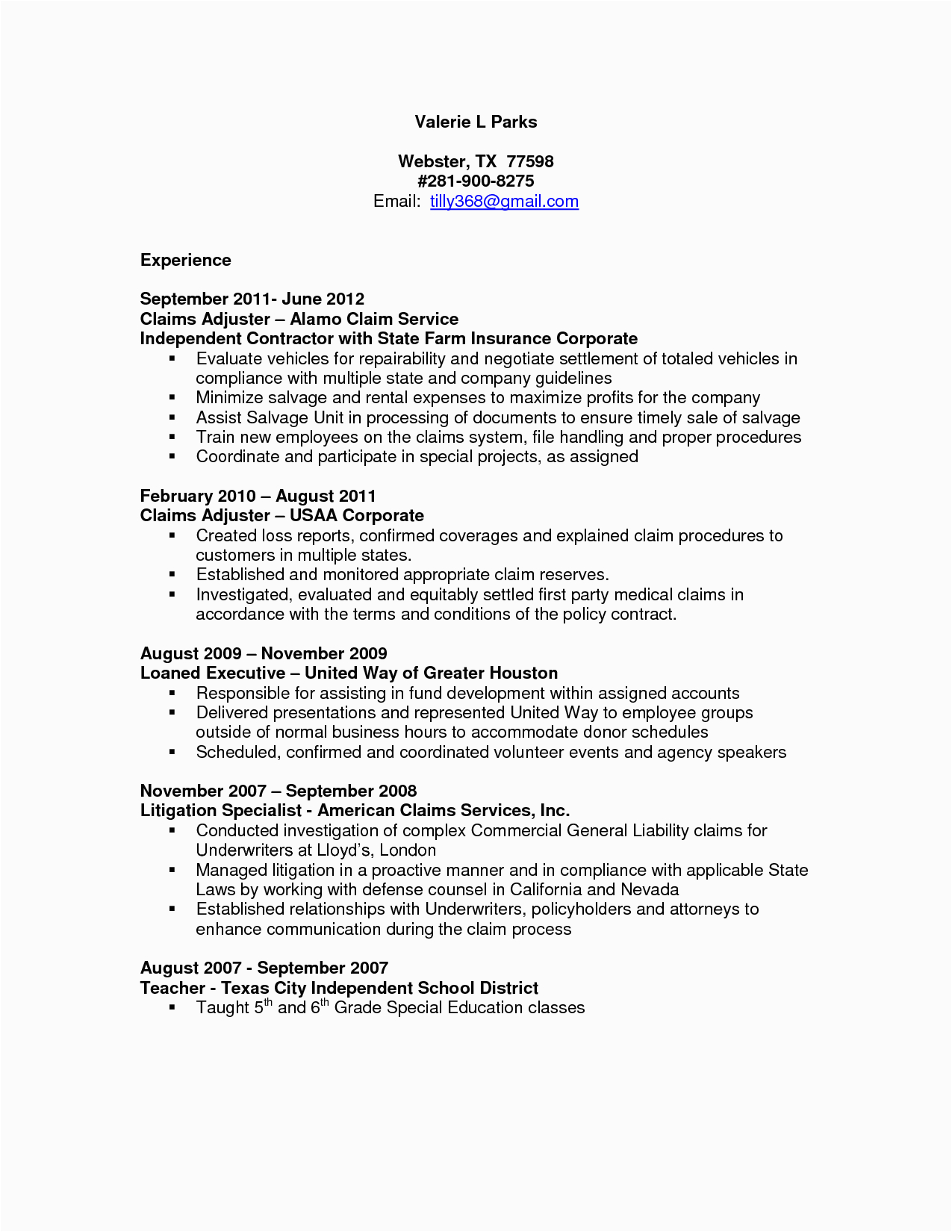Sample Resume for Entry Level Claims Adjuster Claims Adjuster Resume Sample