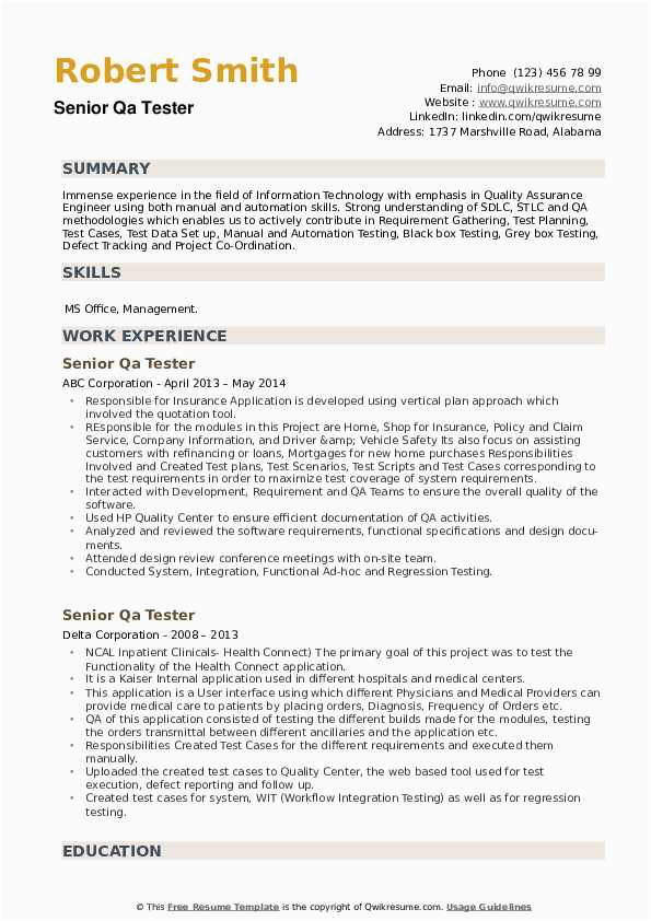 Sample Resume for Experienced Qa Tester Senior Qa Tester Resume Samples