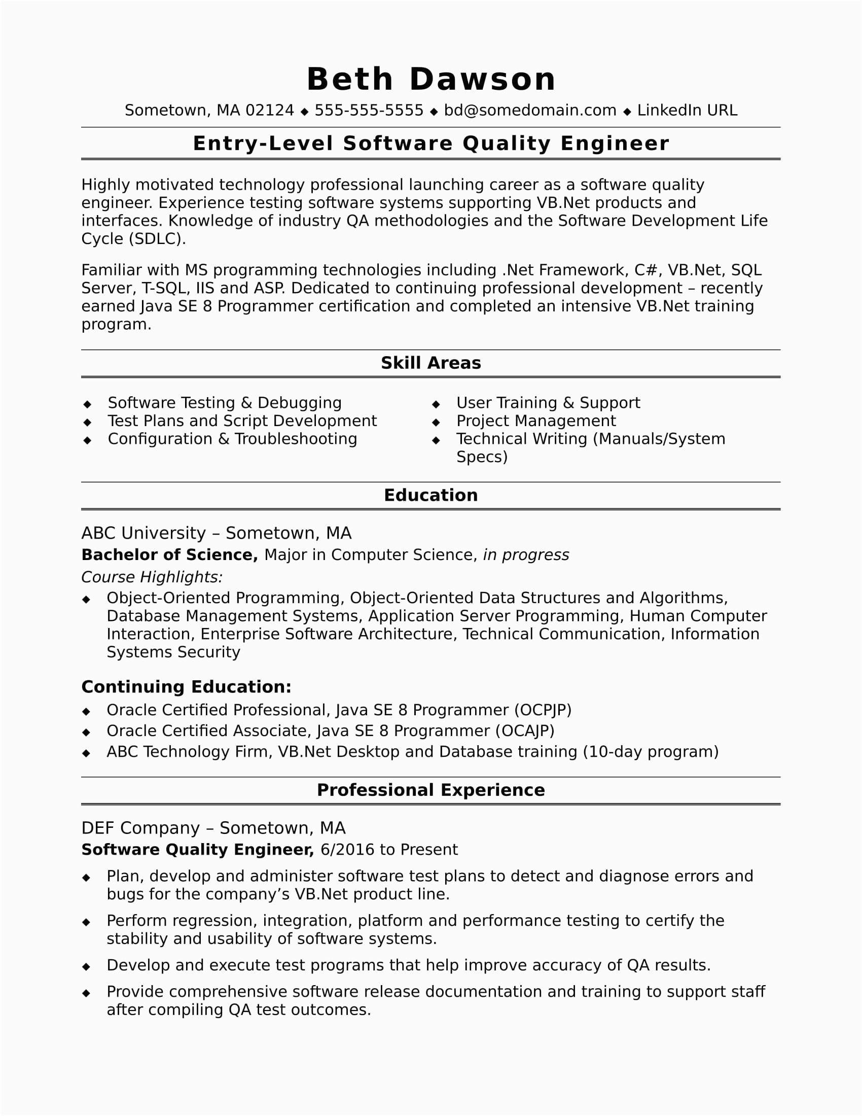 Sample Resume for Experienced Quality assurance Engineer Sample Resume for An Entry Level Quality Engineer