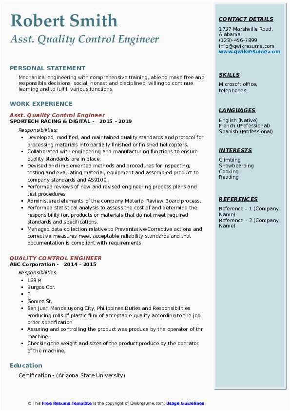 Sample Resume for Experienced Quality Control Engineer Quality Control Engineer Resume Samples