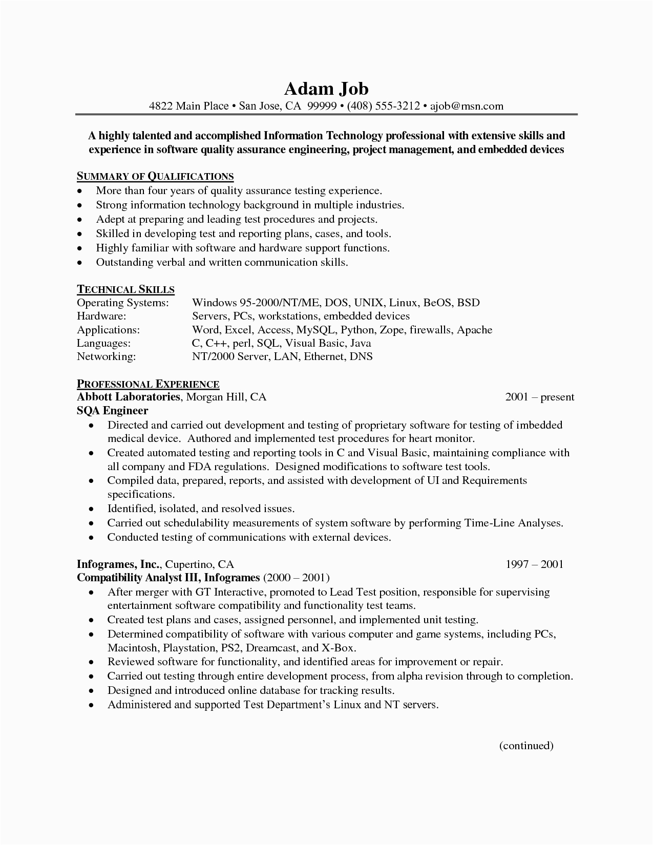 Sample Resume for Experienced Quality Control Engineer Resume format Quality Engineer Resume format