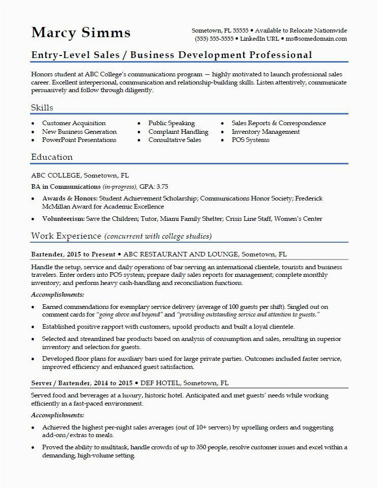 Sample Resume for Experienced Sales Professional Entry Level Sales Resume Sample