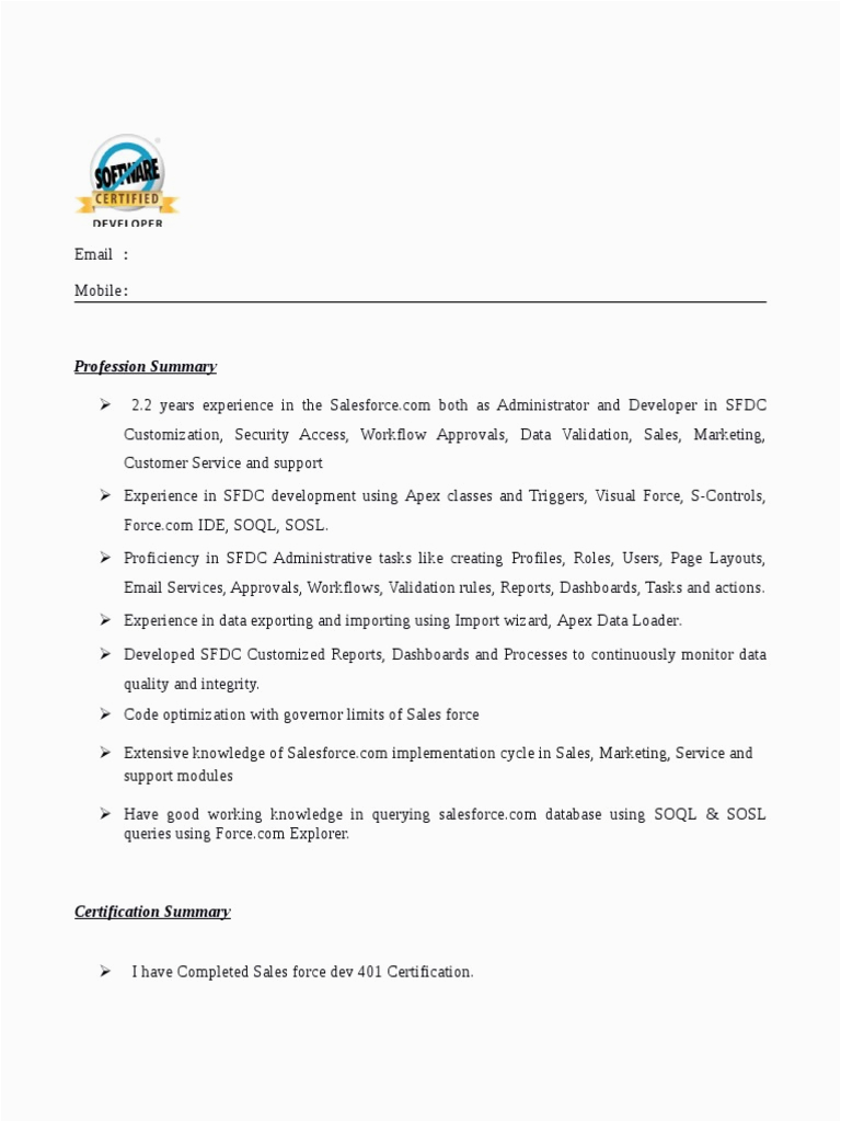 Sample Resume for Experienced Salesforce Developer Experienced Salesforce Developer Resume