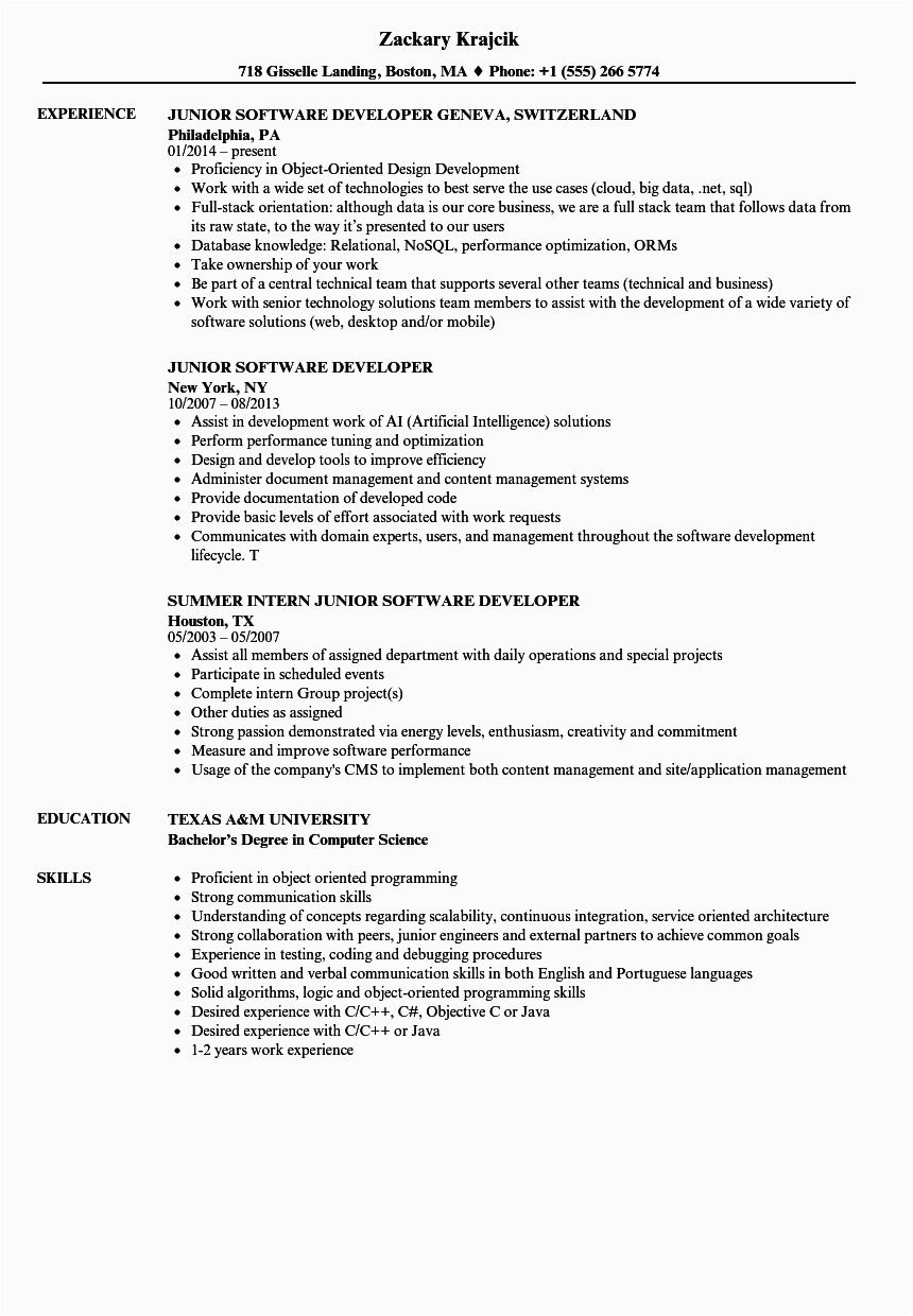 Sample Resume for Experienced software Developer Junior software Developer Resume