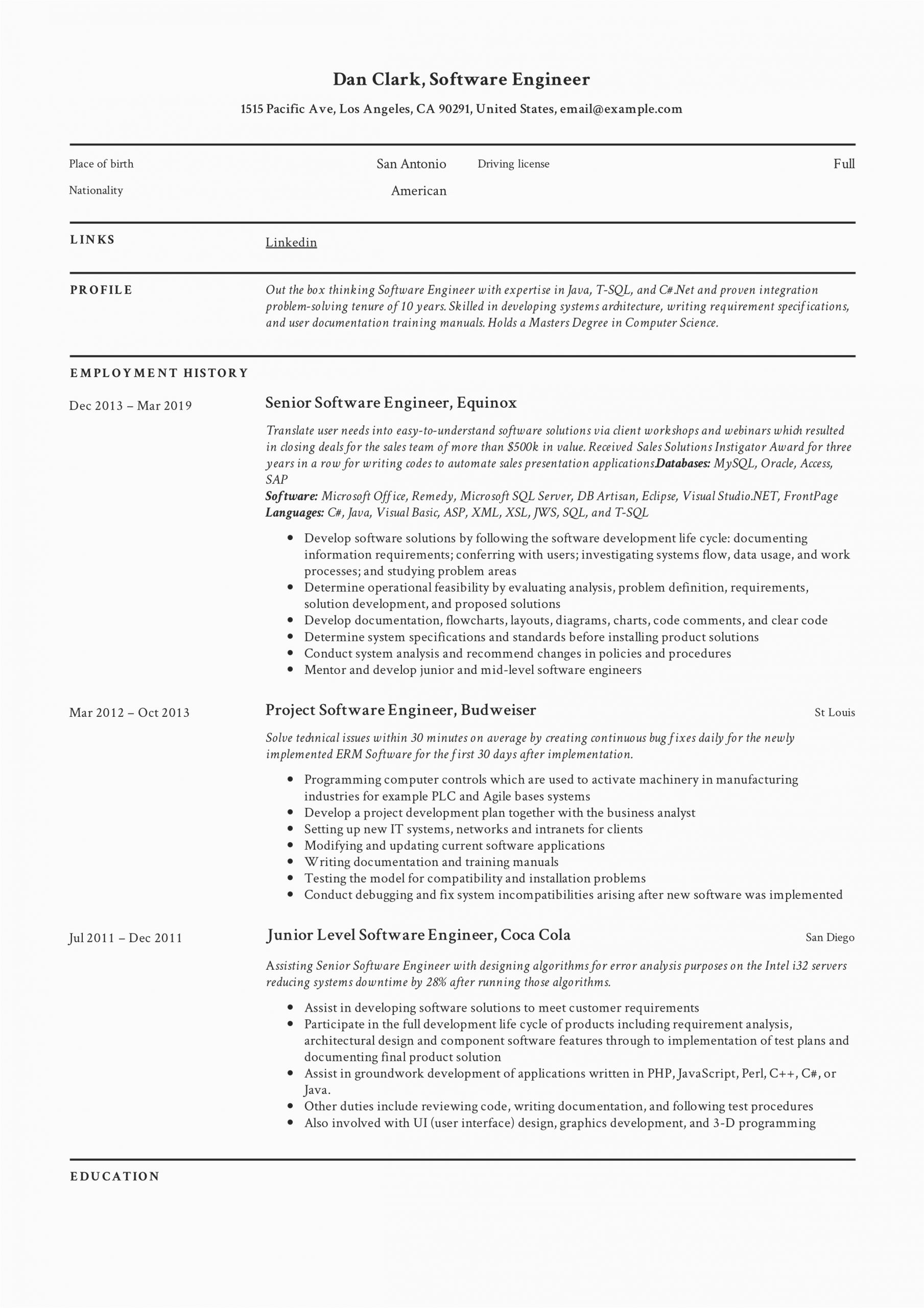 Sample Resume for Experienced software Engineer Pdf software Engineer Resume Writing Guide
