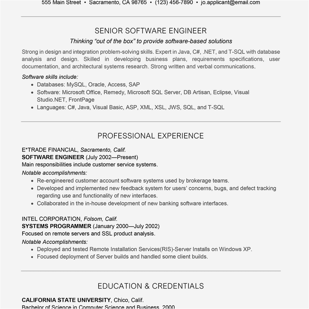 Sample Resume for Experienced software Engineer software Engineer Resume Sample