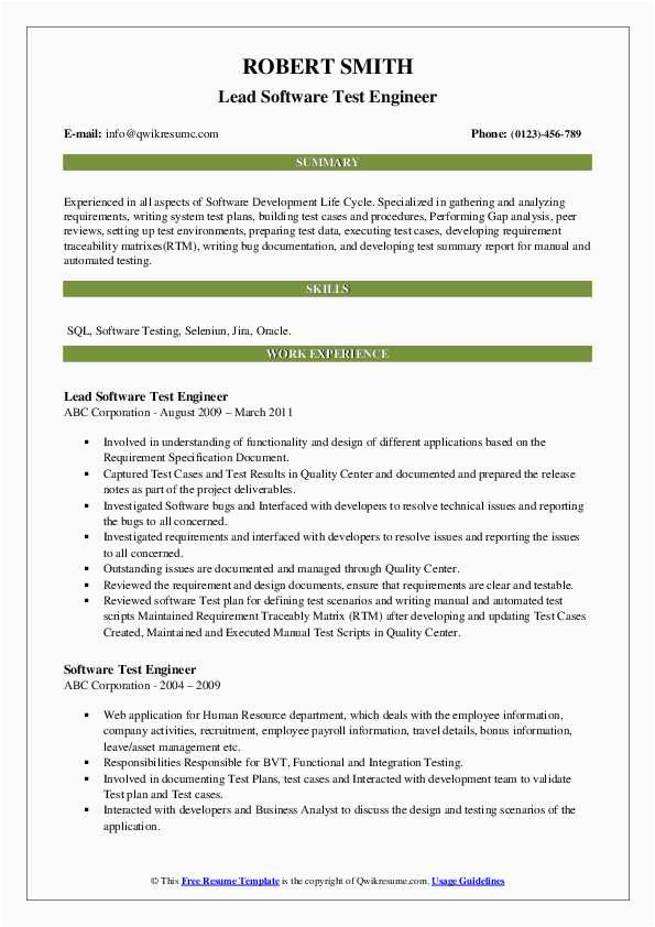 Sample Resume for Experienced software Test Engineer Download software Test Engineer Resume Samples