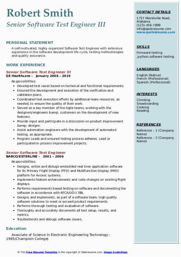 Sample Resume for Experienced software Test Engineer Senior software Test Engineer Resume Samples