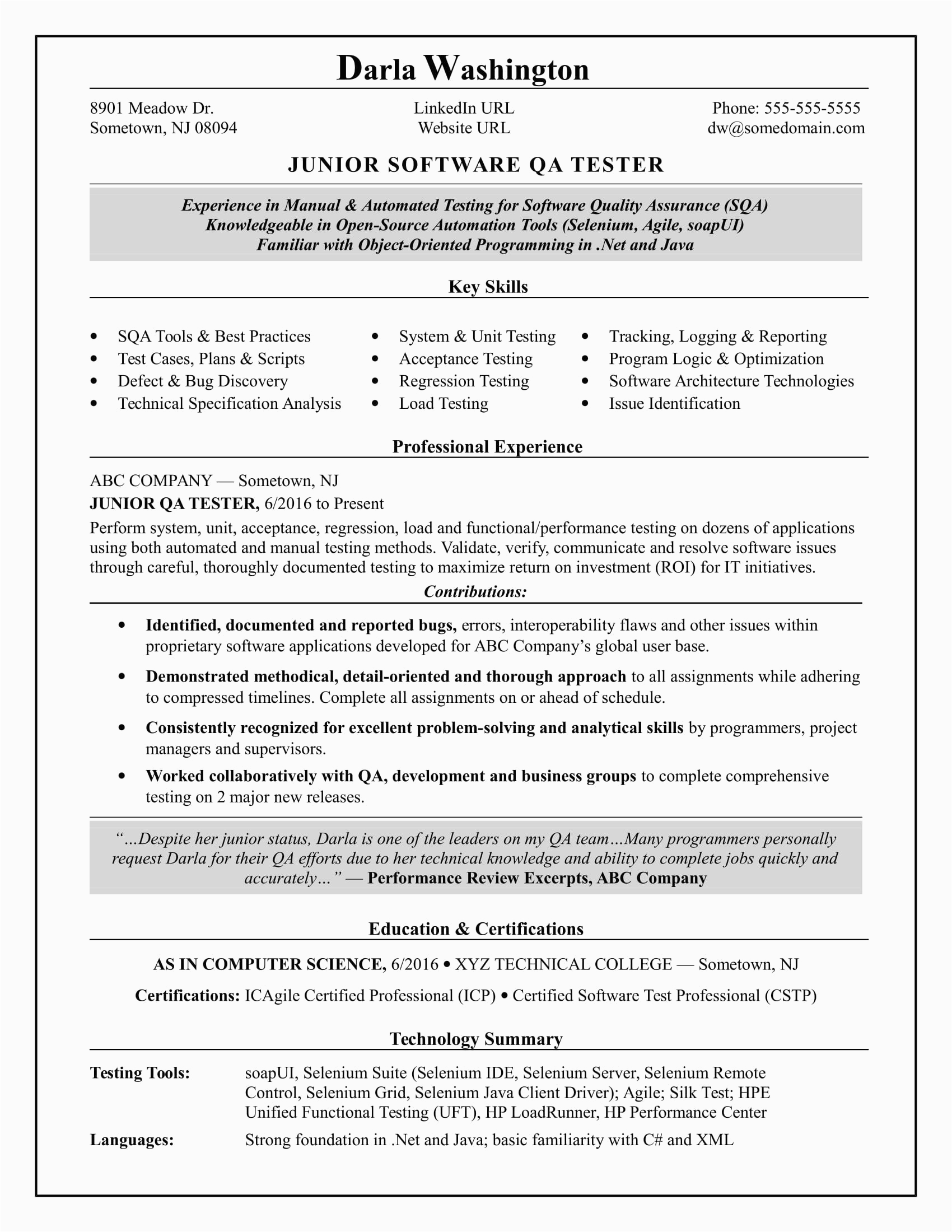 Sample Resume for Experienced software Tester Entry Level Qa software Tester Resume Sample