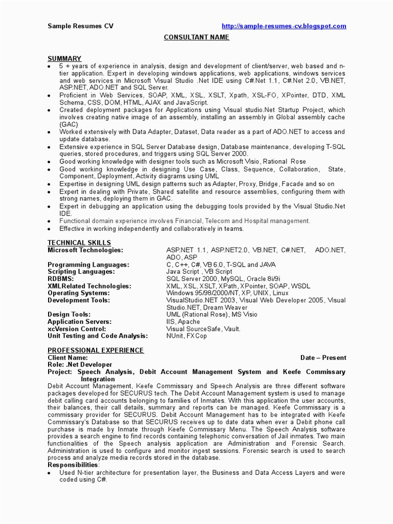 Sample Resume for Experienced Sql Server Developer Dot Net Developer Net Developer Sample Resume Cv