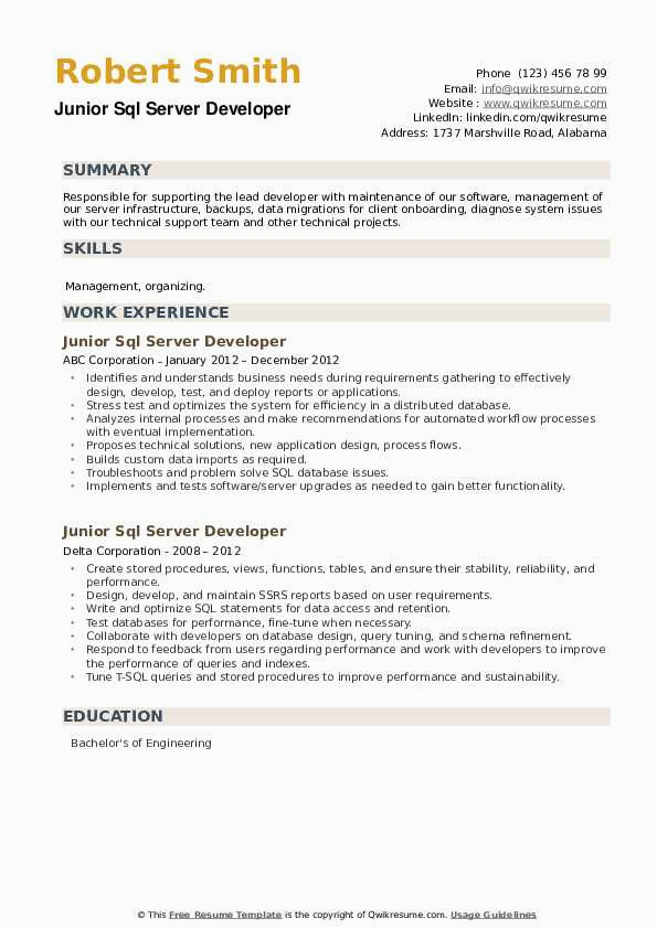 Sample Resume for Experienced Sql Server Developer Junior Sql Server Developer Resume Samples