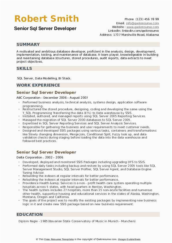 Sample Resume for Experienced Sql Server Developer Senior Sql Server Developer Resume Samples