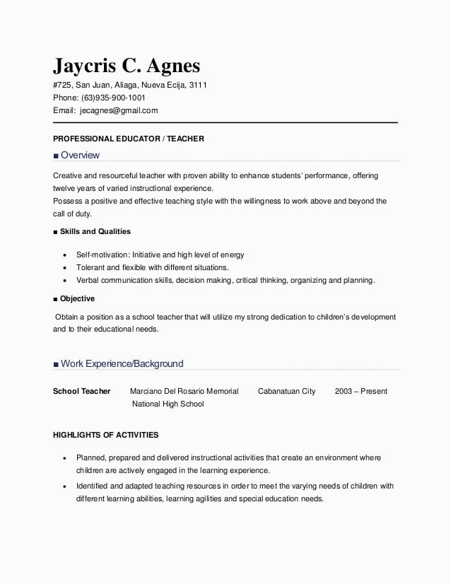 Sample Resume for New Teacher Applicant Resume Sample for Teachers