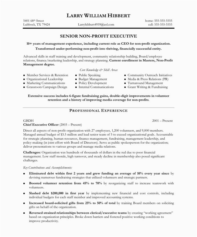 Sample Resume for Non Profit organization Non Profit Executive Free Resume Samples