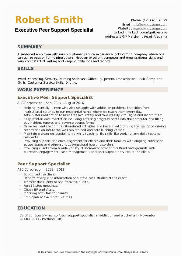 Sample Resume for Peer Support Specialist Peer Support Specialist Resume Samples