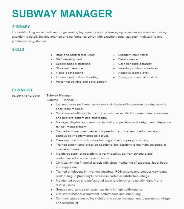 Sample Resume for Subway Restaurant Worker Subway Manager Resume Example Vkcs Llc Houston Texas