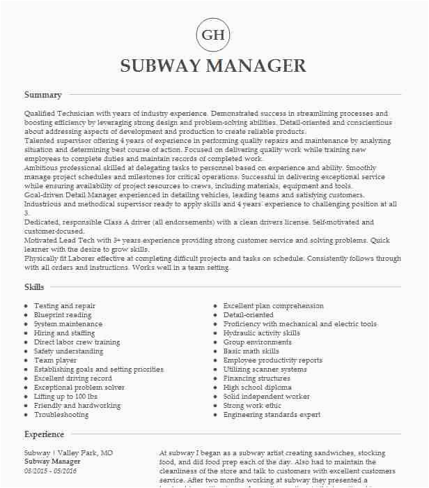 Sample Resume for Subway Restaurant Worker Subway Manager Resume Example Vkcs Llc Houston Texas