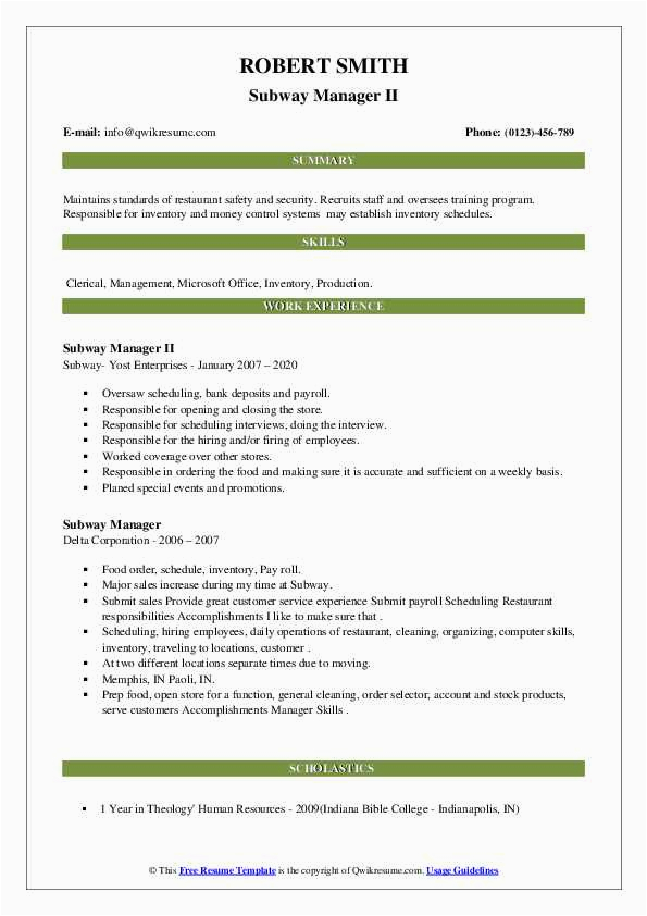 Sample Resume for Subway Restaurant Worker Subway Manager Resume Samples