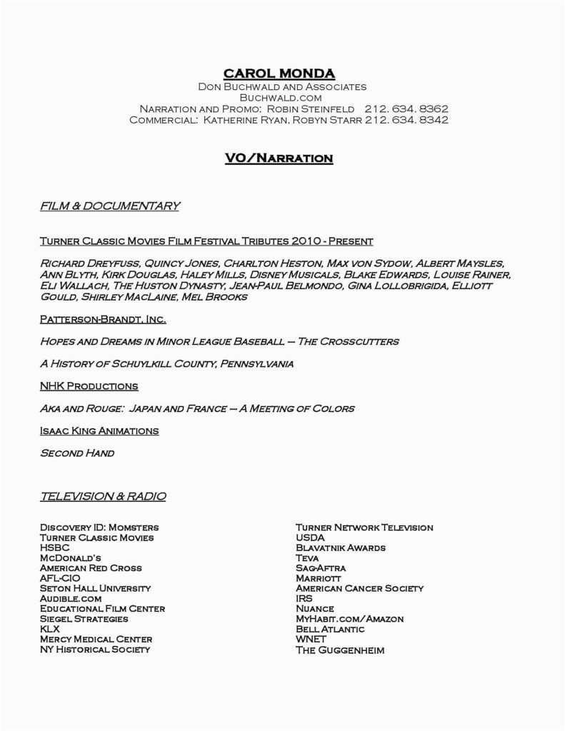 Sample Resume for Voice Over Artist Carol Monda Voiceover Resume Carol Monda Acting